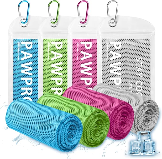 PAWPRO 4 Packs Cooling Towels for Neck and Face(40"x12"), Soft Breathable Cooling Towel with Waterproof Bag & Carabiner,Microfiber Cooling Towels for Yoga, Sport,Gym,Camping (Multicolor-2)