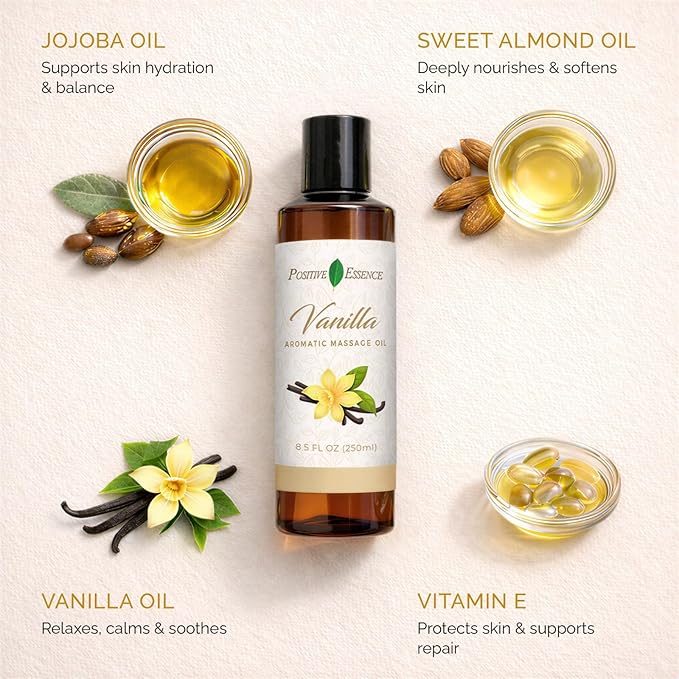 Vanilla Massage Oil for Massage, Body Massage Lotion; Jojoba, Sweet Almond Oil for Skin, Vitamin E, and Pure Vanilla Essential Oil, Body Oil Aceite para Masajes Relajantes