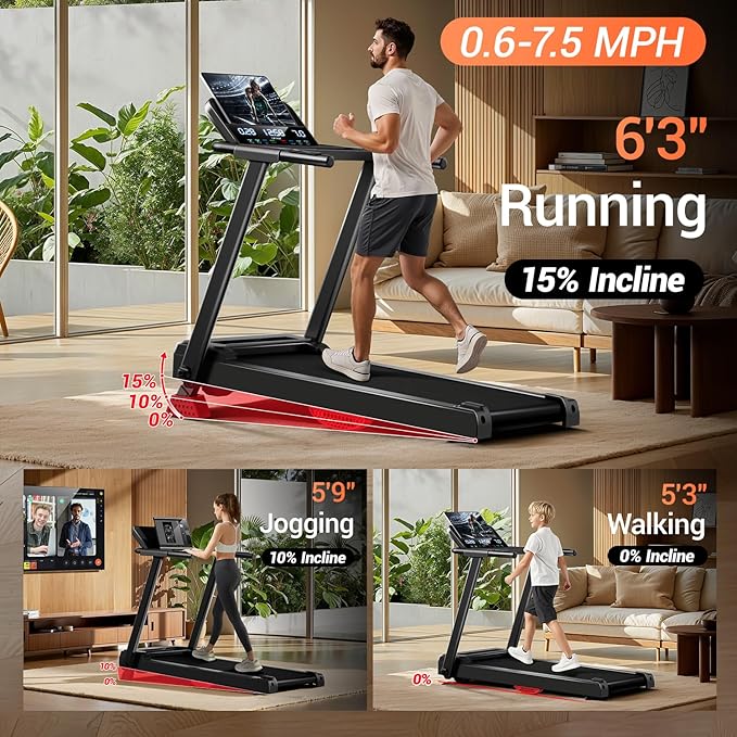 16% Incline Treadmill with Handle, 3-in-1 Portable Treadmills for Home and Office, Foldable Treadmills with 300 Lbs Weight Capacity, 3.1HP Quiet Walking Pad Treadmill, Three Screen (P8 Dark Black)