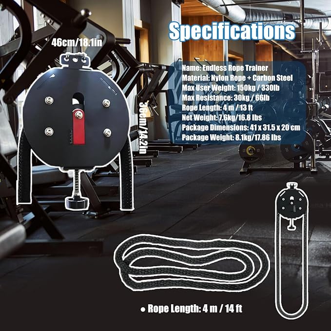 Endless Rope Trainer Adjustable Resistance Infinity Pulley System with Closed-Loop Nylon Rope Suspension Fitness Machine for Interval Strength