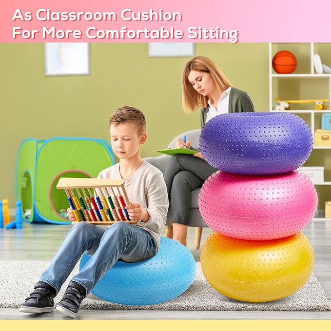 Meooeck 4 Pcs Upgraded Flexible Seating for Classroom 20 Inch Yoga Ball Chairs with Massage Point Inflatable Donut Ball Chair with Inflator for Kids Exercise Sensory Balance School Student Office