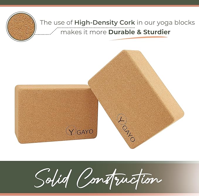 Y O Gayo Premium Cork Yoga Blocks – Durable & Sturdy Natural Cork Yoga Blocks for Stability, Balance, Alignment, Stretching, and Support in Yoga & Pilates