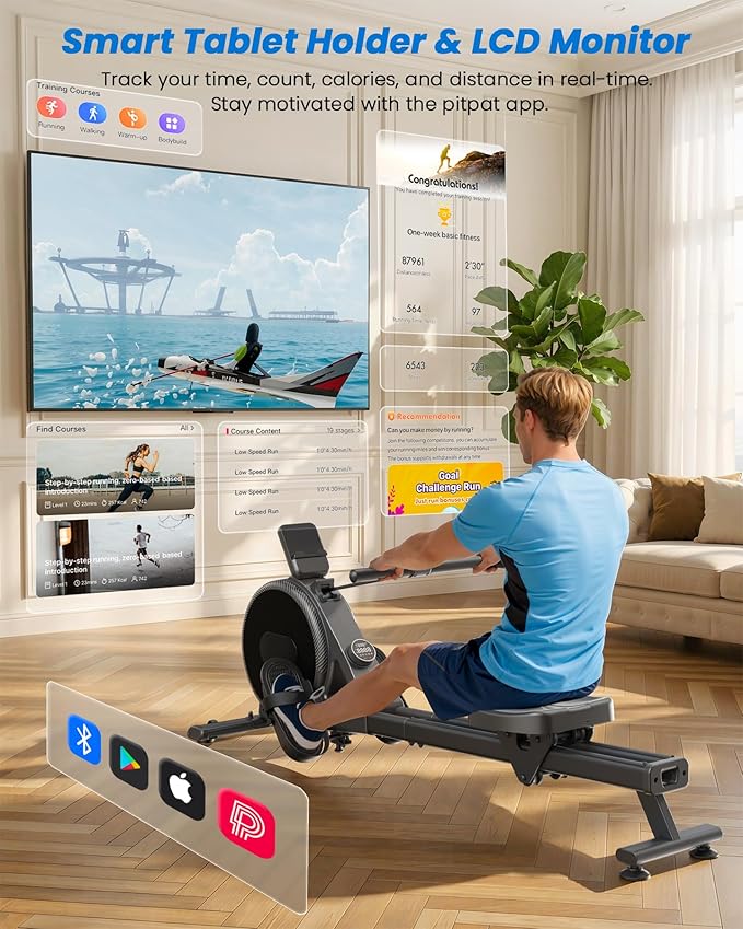Magnetic Rower Machine, Whisper-Quiet Indoor Rowing Machine with 32-Level Tension, Space-Saving Foldable Design with Integrated Tablet Holder, Full Body Cardio Exercise Rower for Home Gym