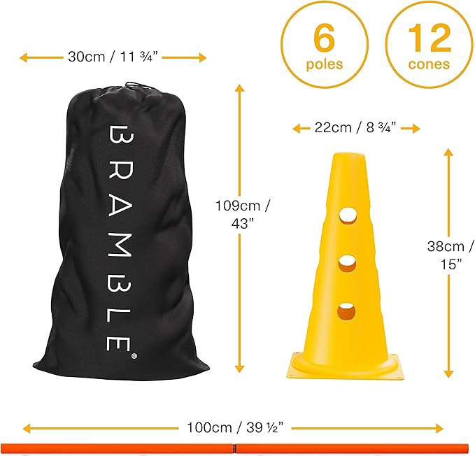 Bramble - Speed Agility Training Hurdles Set with 3 Height Levels, 12 Cones 15" & 6 Training Poles 40", Exercise Jumping Hurdles for Kids, Football Agility Poles, Dog Training Agility Equipment