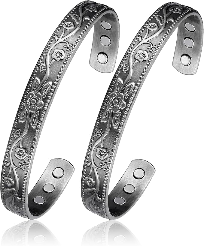 BioMag 2 Pcs Magnetic Copper Bracelets for Men, 99.99% Pure Copper Cuffs with 3500 Gauss Magnets, Adjustable Size, Intricate Floral Pattern, Antique Silver