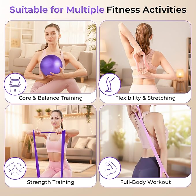 Pilates Ball and Ring Set for Women - 14-Piece At Home Pilates Kit with 12-Inch Magic Circle, 5 Resistance Bands, Home Workout Equipment for Full Body Training (Pink)