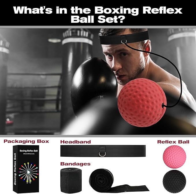 Boxing Reflex Ball with Hand Wraps - 2 Difficulty Levels Boxing Ball to Improve Speed, Hand-Eye Coordination，Fight Reaction for Adults, Kids
