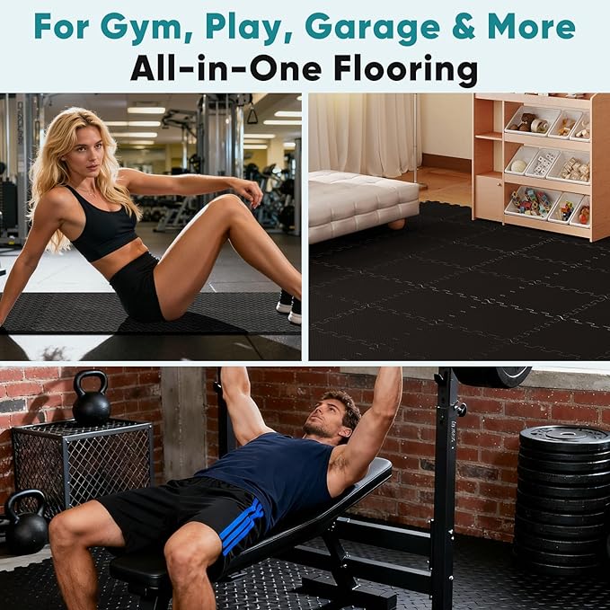 OLIXIS Interlocking Foam Floor Tiles, 1/2 Inch Thick Non-Slip Gym Flooring Mats for Home Gym, Garage Floor Mats Protective Workout Room Tiles for Weight Lifting & Cardio, 12 Pcs