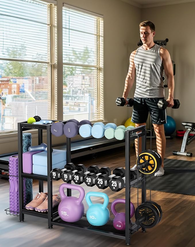 3-Tier Dumbbell Rack Stand Only - Adjustable Weight Rack for Home Gym, Heavy-Duty Weight Stand for Dumbbells Kettlebells Foam Roller Yoga Mats, Workout Equipment Storage Organizer With Hooks