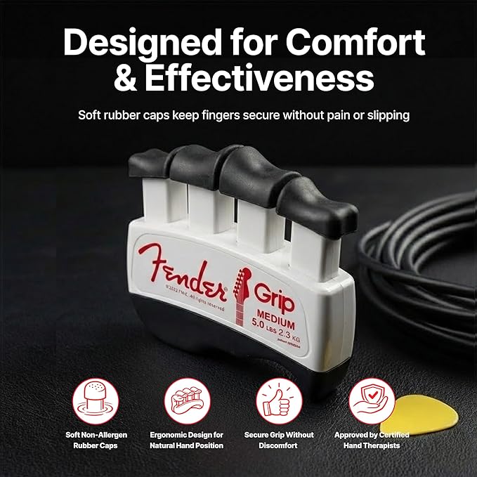 Fender GRIP Hand and Finger Exerciser – Best Ergonomic Finger Strengthener to improve play on all stringed instruments (Guitar, Bass, Violin, etc.) (Tensions: WHITE=5-Lbs; RED=7-Lbs; BLACK=9-Lbs)