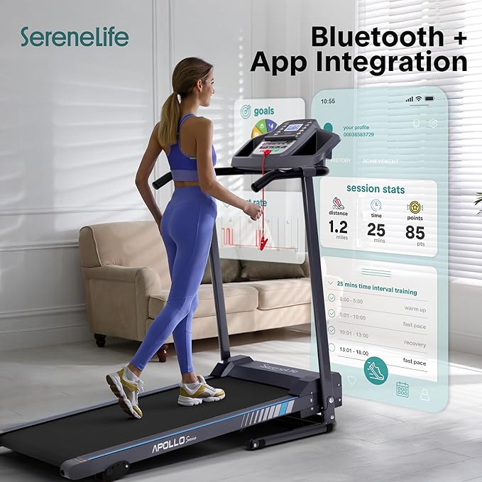 SereneLife Treadmills for Home with 13% Manual Incline Treadmill, 3.5HP - Compact Digital Portable Foldable Treadmill with Speakers, Bluetooth, App Sync, Heart Rate Monitor, for Walking, Running, Gym