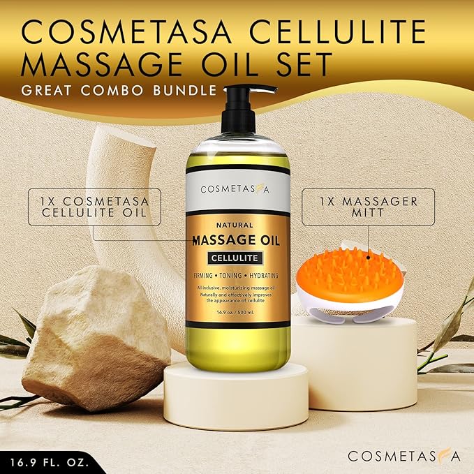 Cellulite Massage Oil with Massager Mitt - 100% Natural Cellulite Oil, Highly Absorbable and Deeply Penetrates Skin- Firms, Tones, Tightens & Moisturizes Skin By Cosmetasa 16.9 oz