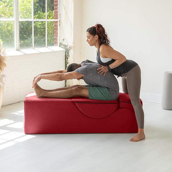 Avana Kami Convertible Chaise/Bed Bench for Yoga & Massage - 2-in-1 End of Bed Ottoman with Concealed Fold Out Yoga Lounge Chair, Microvelvet Red