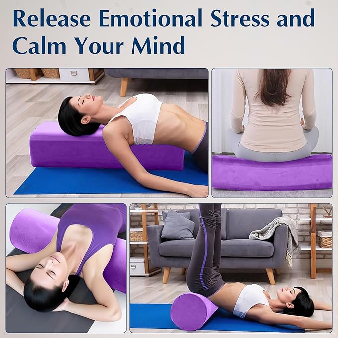 2-Pack Yoga Bolster Pillow Set: Rectangular & Cylinder Pillows for Meditation and Support, Yoga Pillows with Washable Velvet Cover, Triple-Layer Sponge with Carry Handle, Purple