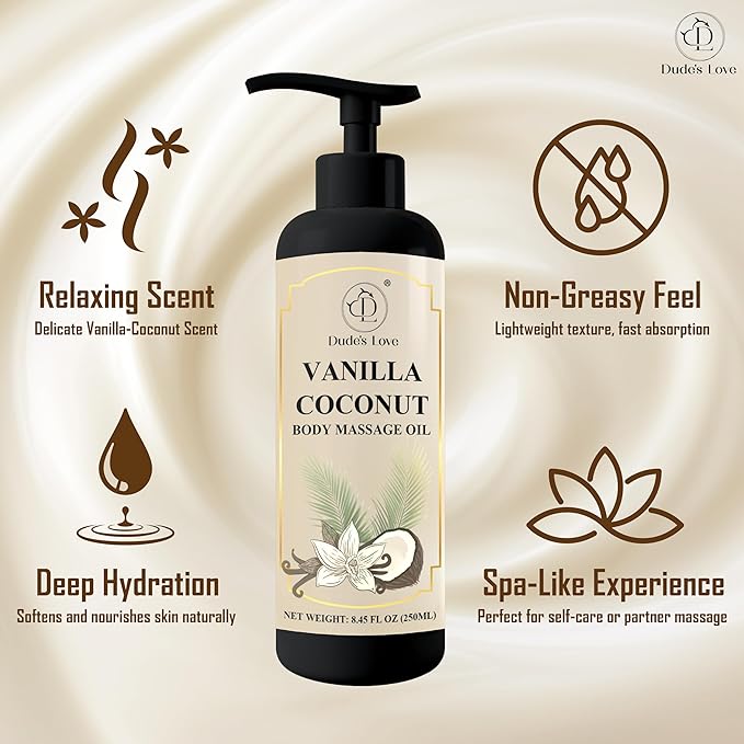 Vanilla Coconut Body Massage Oil | with Vitamin E & Jojoba Oil | Deep Hydration for Dry Skin | Non-Greasy, Fast-Absorbing Formula | 8.45 fl oz (250ml)