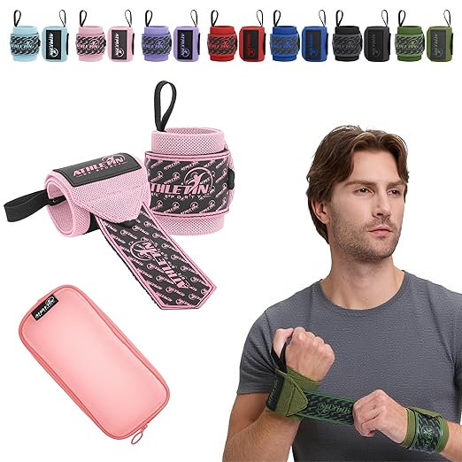 Professional Wrist Wraps, Heavy-Duty Support with Thumb Loop 18 Inch Pair for Powerlifting, Bodybuilding, Cross Training - Mesh carry pouch included (Pink)