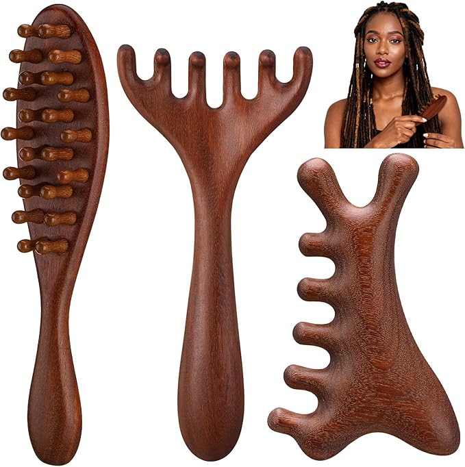3 Pack Wooden Scalp Massager Tool Loc Combs,Long Handle Head Massage Scalp Loc Brush for Dreads,Multifunctional Hair Massager Tool for Men & Women