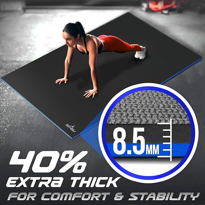 Sensu Large Exercise Mat – Extra Thick Non-Slip Workout Mat for Home Gym, Durable Shoe-Friendly Fitness Mat for Strength Training, Stretching, Cardio, and Balance Workouts (Multiple Sizes)