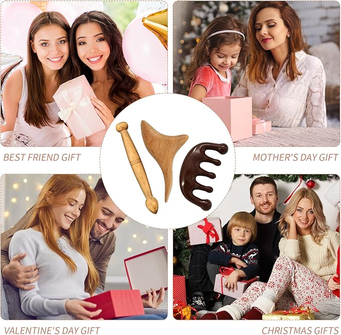 3PCS Reflexology Tools, Wood Therapy Massage Tools, Triangle Gua Sha Board Scraping Board Foot Massage Stick and Wooden Scalp Massager