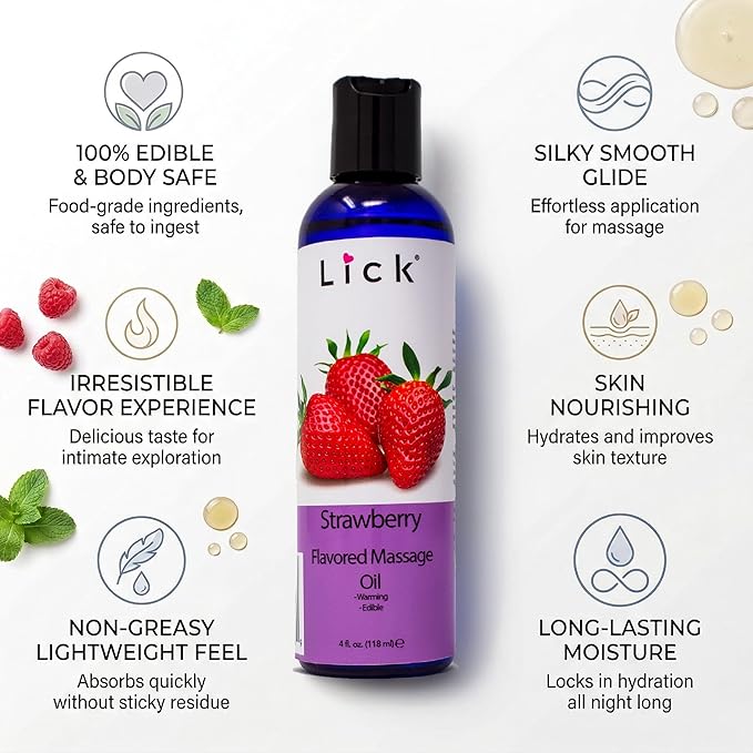 Lick Strawberry Flavored Massage Oil with Natural Vitamin E - Aromatherapy & Moisturizing Body Oil for Relaxing Muscle Massage - Essential Non-Sticky Skin Therapy for Men and Women - 4 oz