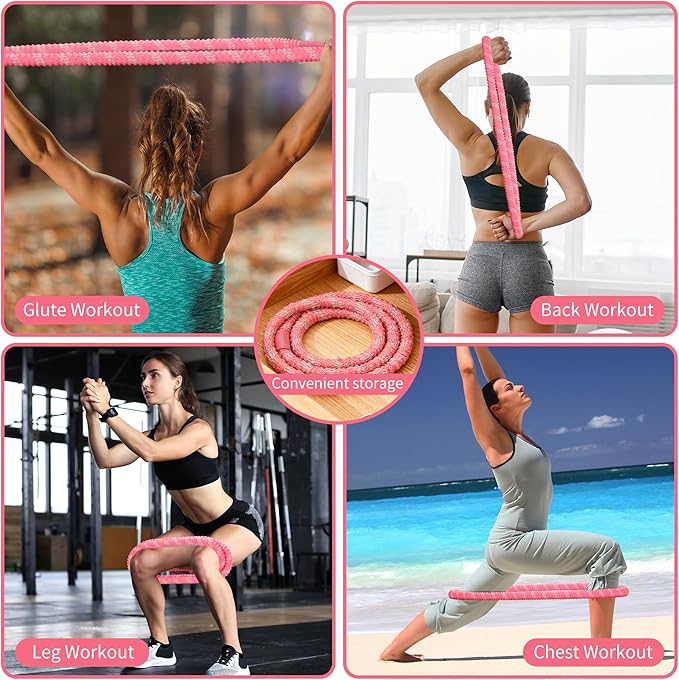 3.3 lbs Spring Soft Hula Hoop for Adults, Foldable Weighted Fitness Hoop with Video Tutorial, Soft Material Protects Lower Back, Home & Travel Workout