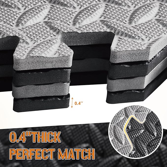 GWT Home Gym Flooring Tiles, EVA Interlocking Puzzle Exercise Mat for Workout Equipment, Floor Protection & Kids Play Area, Black Foam Tiles, 24"x24", 0.4 Inches Thick Covers 48 Sq Ft (12 Tiles) Gray