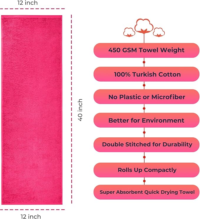 NUKURA 12” x 40” Gym Sweat Towel, 450 GSM, 100% Cotton, High Absorbency, Extra Soft & Quick Dry Workout, Yoga & Fitness Towel – Pink