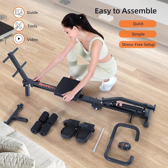 Sportneer Foldable Rowing Machine for Home, Hydraulic Rowing Machine with 12-Level Resistance - Multi Functional Row Machine Equipped with Caster & Backrest, Max 297lbs Weight Load