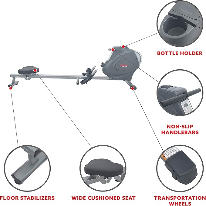 Sunny Health & Fitness Foldable Magnetic Rower, Long Rail & Extended Inseam Range for Home Cardio Workout, Free SunnyFit Training App, Optional Footplate for Standing Exercises
