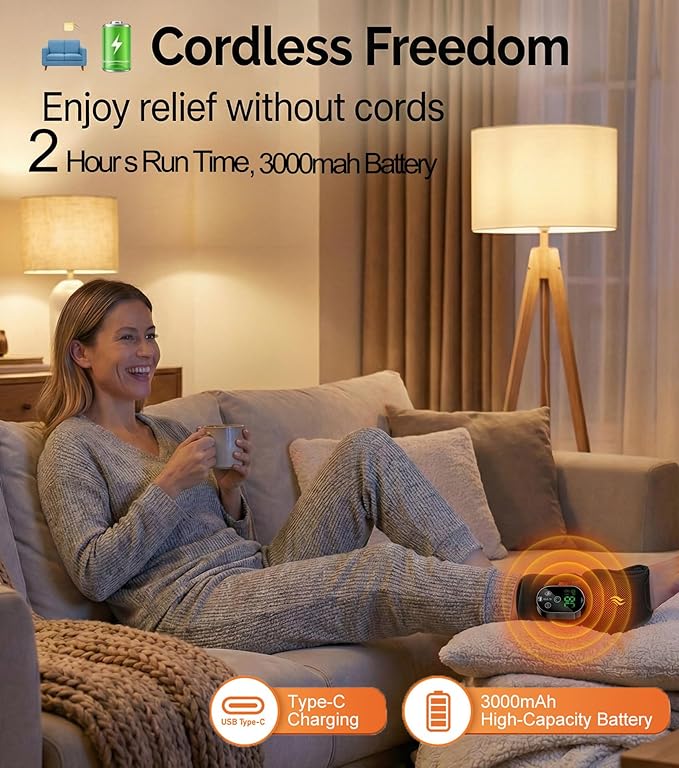 Foot Massager for Neuropathy Plantar Fasciitis Pain Relief, Cordless Heated Vibrating Cloud-Soft Ankle Wrap Feet Massage, Portable 2H Run Time, 6 Heats, 3 Modes, Auto-Off Timer,1 Pair