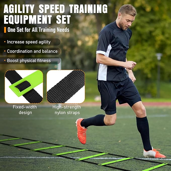 Agility Ladder, Agility Speed Training Equipment Set, 20ft Speed Ladder, 12 Soccer Cones, 4 Hurdles, Jump Rope, Running Parachute, Soccer Football Basketball Training Equipment Accessories