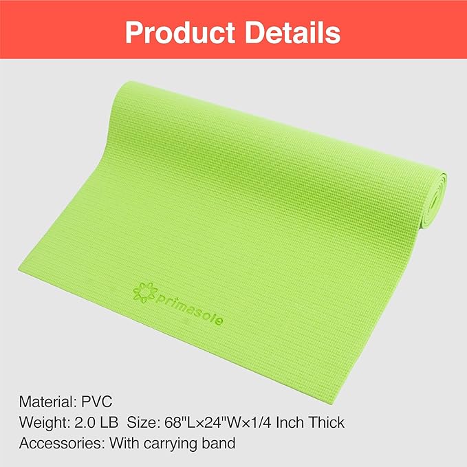 Primasole Yoga Mat with Carry Strap for Yoga Pilates Fitness and Floor Workout at Home and Gym Non-slip 9 colors