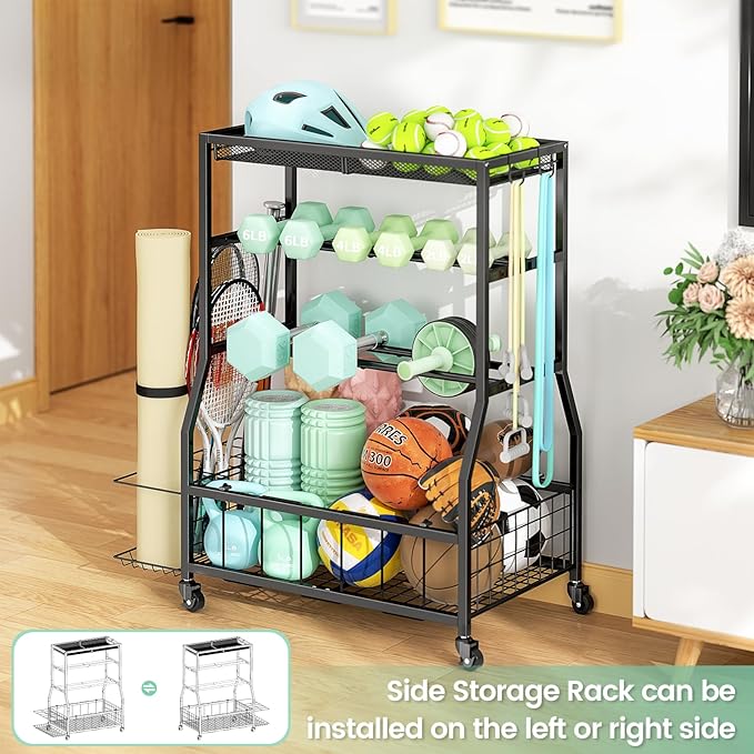 Home Gym Storage Rack, Dumbbell Rack with Yoga Mat Storage, Weight Rack Stand with Lockable Wheels and Hooks, Home Workout Equipment Organizer for Yoga, Dumbbell, Kettlebells, Ball Storage