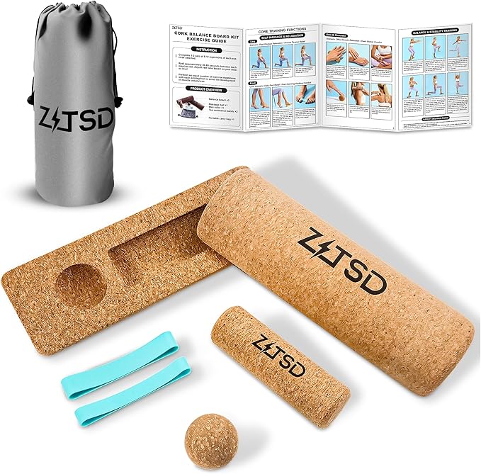 Natural Cork Balance Board Kit, 4-in-1 Foot & Ankle Strengthener – 2 Half-Cylinder Boards, Massage Roller & Ball, Toe Resistance Bands, Carry Bag & Guide for Mobility & Physical Therapy