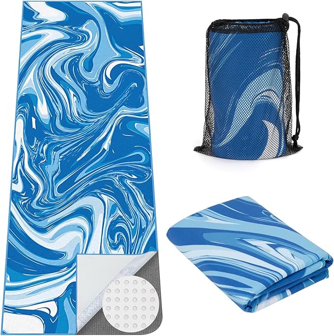 Yoga Mat Towel Cover with Large Corner Pockets, Non Slip Grip Microfiber Mat Cover Mat for Hot Yoga, Pilates and Gym Workout, 70" L x 26" W, Blue