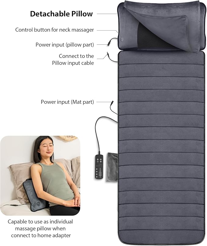 COMFIER Full Body Massage Mat with Movable Neck Pillow, 10 Vibrating Motors & 4 Heating Pads, Back Massage Pad, Father's Day Gifts for Dad Men