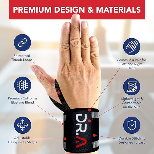 Dr. Arthritis Weight Lifting Wrist Wraps with Thumb Loop, Heavy-Duty Wrist Straps for Weightlifting, Hybrid Training, Olympic Lifts & Calisthenics, Non-Slip Gym Wraps for Men & Women (Black-Grey Stripes)