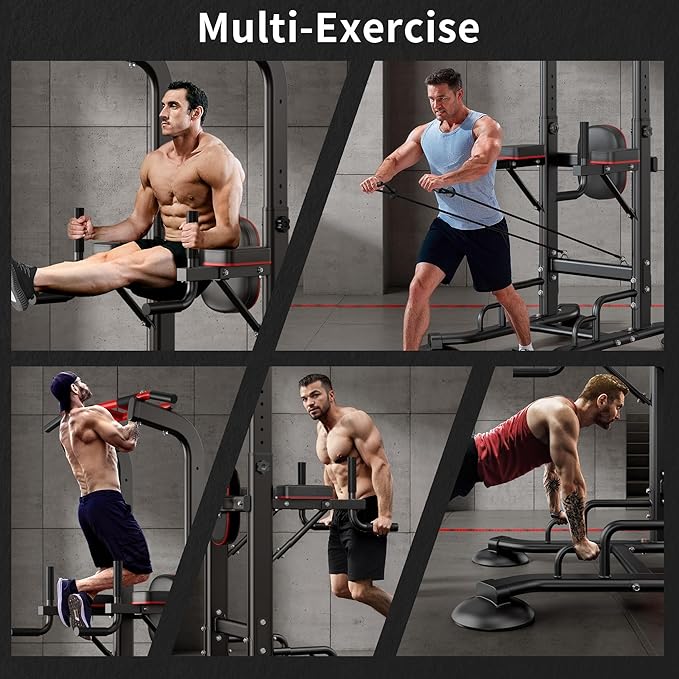 SogesHome Pull Up Bar and Dip Station, Heavy Duty Adjustable Home Gym Equipment for Strength Training, Multifunctional Workout Bar with Resistance Bands – Full Body & Core Exercise