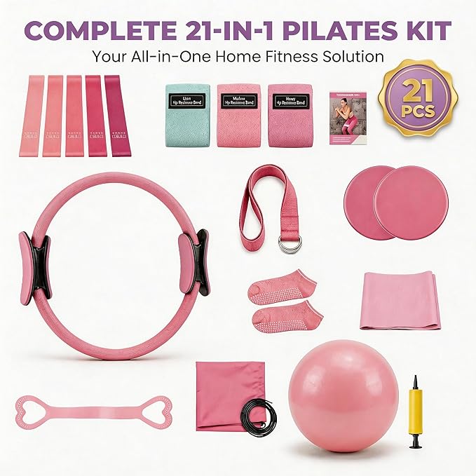 Pilates Kit for Women, Pilates Equipment Set for Home Workout with 14.5" Pilates Ring and Ball, Resistance Bands, Adjustable Ankle Wrist Weights, Core Sliders, Grip Socks & Carry Bag