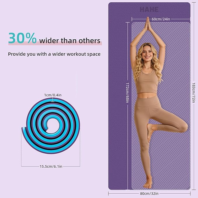 HAHE Yoga Mat Thick, 72"x32"x0.4"Th (10mm), Wide Non-Slip Exercise Mat with Carry Strap, Double-Sided POE Fitness Mat for Yoga, Pilates & Floor Workouts