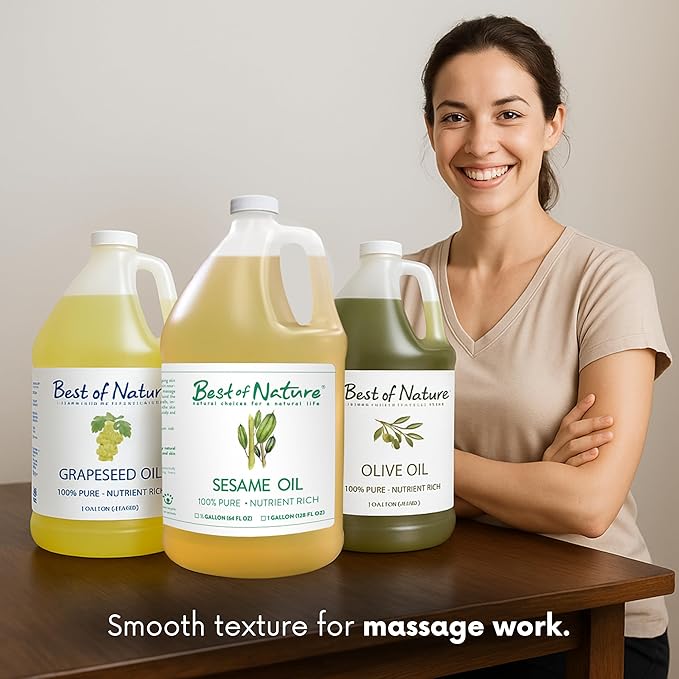Best of Nature 100% Pure Sesame Oil – Natural Unscented Massage Oil, Deep Moisturizing Body & Skin Oil, Perfect Carrier Oil for Essential Oils, Half Gallon (64 fl oz)