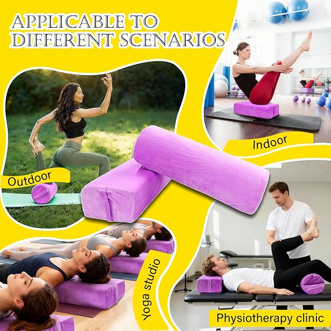 2 PCS Yoga Bolster Pillow for Restorative Yoga, High Density Foam Meditation Bolster with Washable Velvet Cover and Carry Handle Meditation Pillow Set with Round and Rectangular