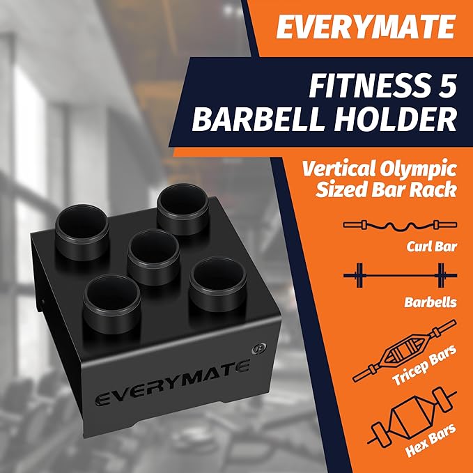 EVERYMATE Vertical Barbell Rack - Heavy-Duty Steel Organizer, Barbell Holder Floor Stand, Fits 2" Olympic Bars with Scratch-Resistant Inserts, Space-Saving for Home/Garage/Commercial Gym
