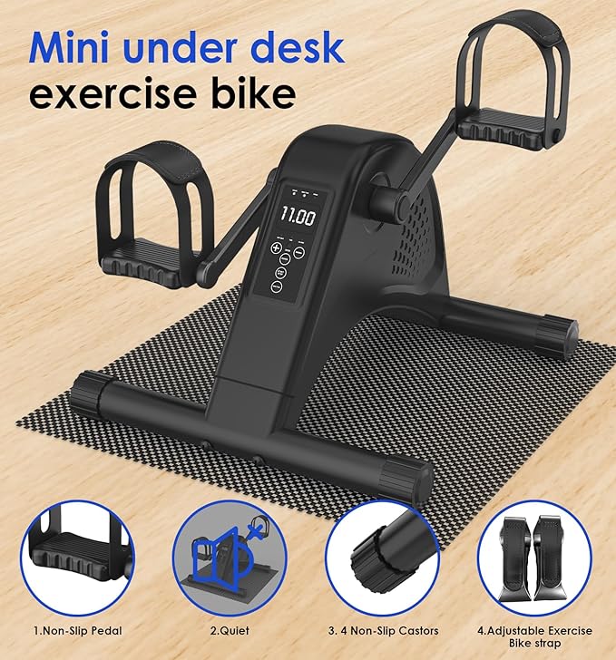12-Levels Mini Exercise Bike Under Desk with LCD Display, Quiet Electric Bidirectional Bicycle Pedals for Home for Seniors, Stationary Bike Under Desk for Leg & Arm Physical Therapy Exerciser