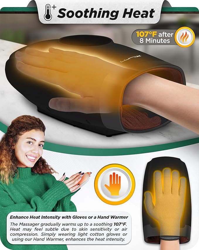 Lunix LX3 FSA Carpal Tunnel & Wrist Pain Relief Device, Heated Air Compression Hand Massager Machine for Arthritis & Finger Numbness, Cordless, Charcoal Black