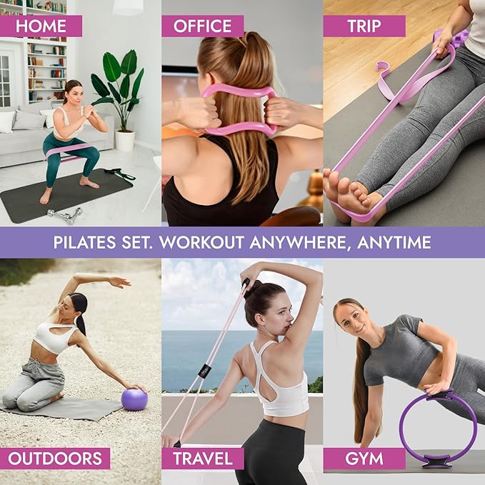 Pilates Equipment - 10-in-1 Pilates Ring and Ball Set | Home Pilates Essentials Kit for Women & Accessories for at Home Workouts to Tone, Strengthen, Balance & Improve Flexibility