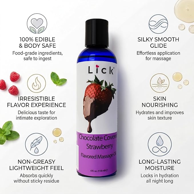 Lick Chocolate Covered Strawberries Massage Oil – Gourmet Dessert Edible Massage Oil with Almond Oil & Vitamin E, Luxurious Glide for Romantic Couples Massage, 4 oz