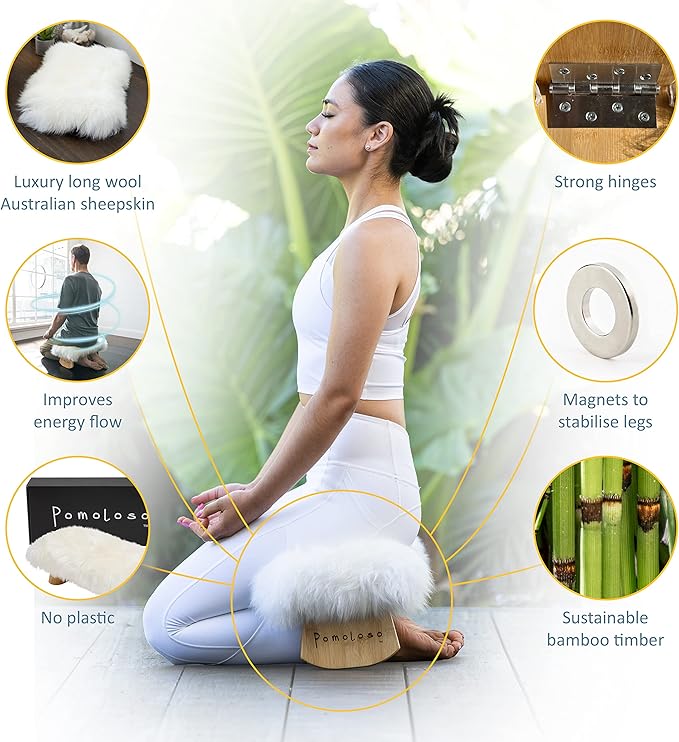 Meditation Bench Luxury Genuine Sheepskin Seat Cover meditate deeper & longer in pure comfort - mindful prayer kneeler - unique ergonomic design supports back and knees to bring health & wellbeing