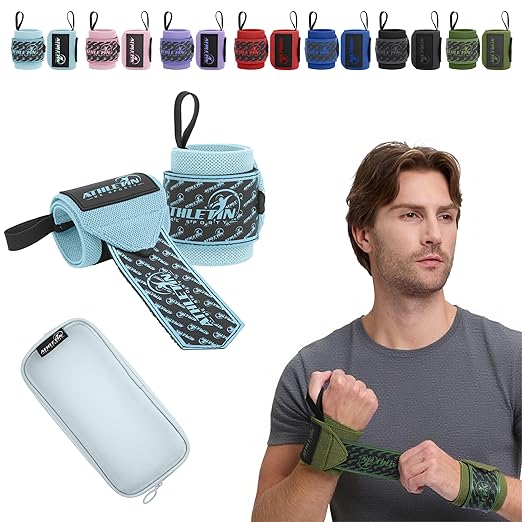 Professional Wrist Wraps, Heavy-Duty Support with Thumb Loop 18 Inch Pair for Powerlifting, Bodybuilding, Cross Training - Mesh carry pouch included (Light Blue)
