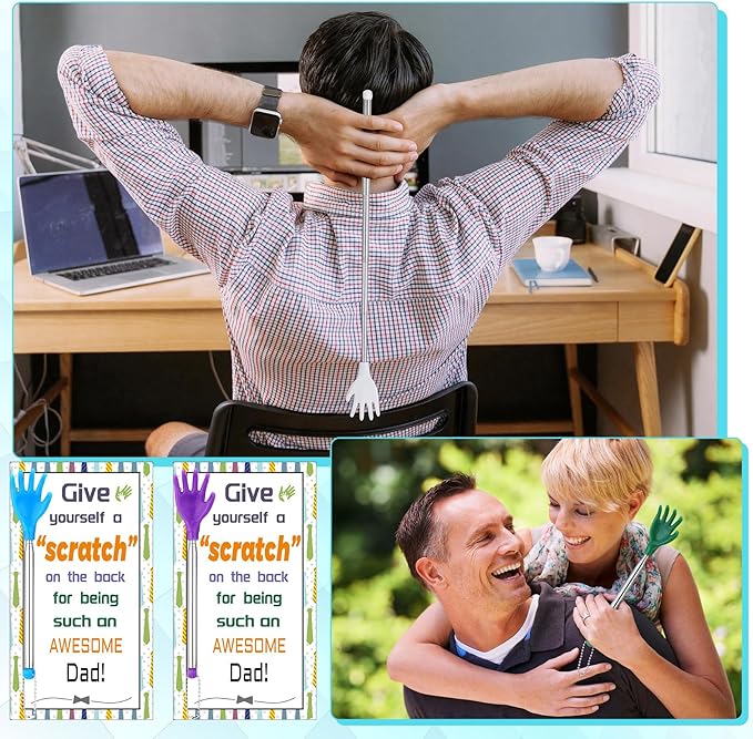 50 Pcs Extendable Back Scratcher Bulk Father's Day Dad Gift Hand Shaped Retractable Back Scratcher with Gift Cards Bags Telescoping Massage Tool for Adults Men Church Birthday